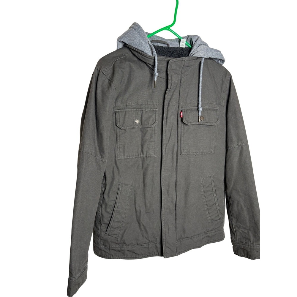 Levi Strauss Co Mens Small Gray Canvas Sherpa Lined Hooded Utility Jacket EUC
